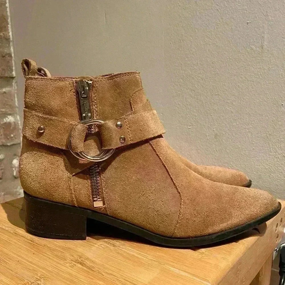 Nine West Tan Suede Ankle Booties - Women’s Size 7.5 - Buckle Detail, Low Heel - Picture 1 of 13